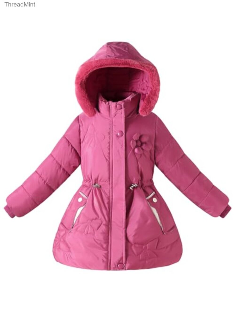 Girls Quilted Puffer Jacket with Removable Hood Faux Fur Cuffs